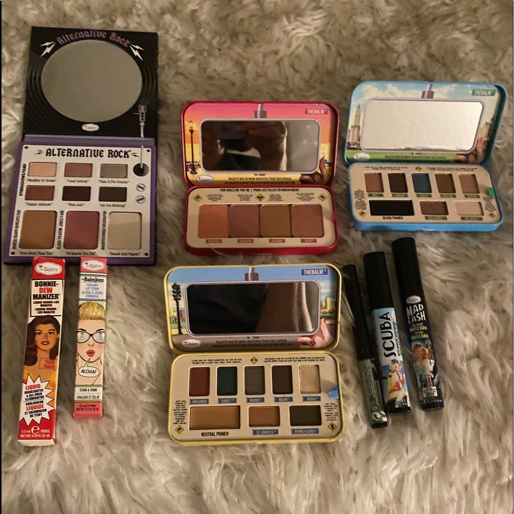TheBalm 4 eyeshadow/blush pallets eyeliner 2 mascara liquid highlighter lip balm